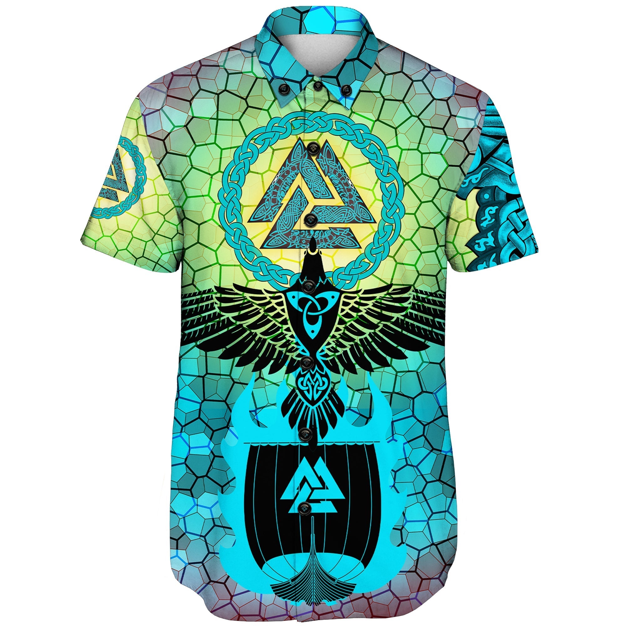 viking-shorts-sleeve-shirts-raven-of-odin-and-drakkar-on-fire-on-vignette-cyan-valknut