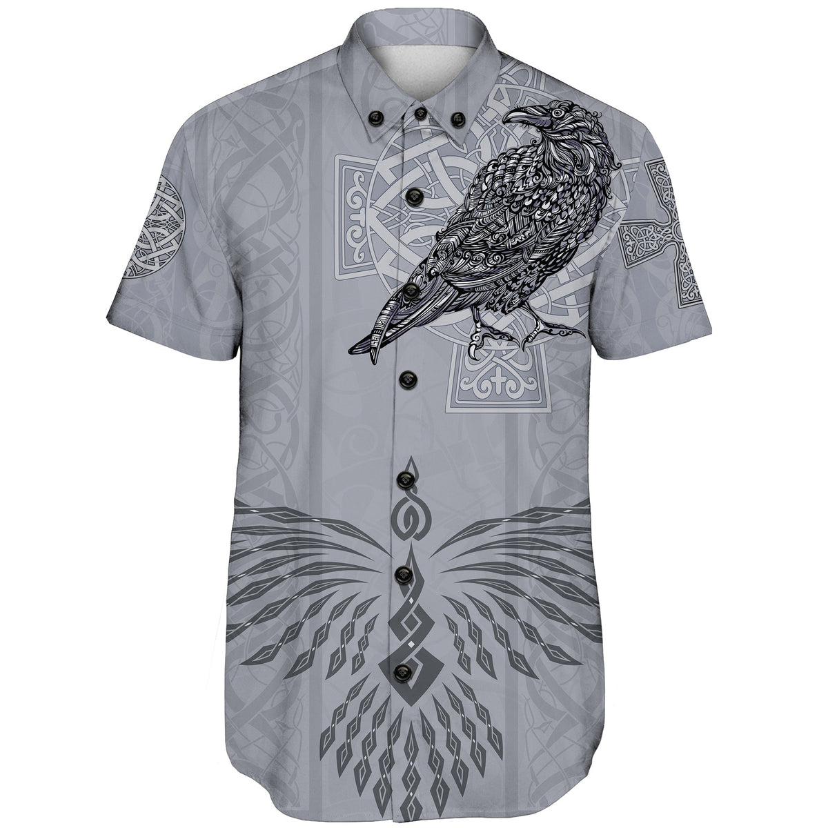 Light gray short-sleeve button shirt with raven front graphic