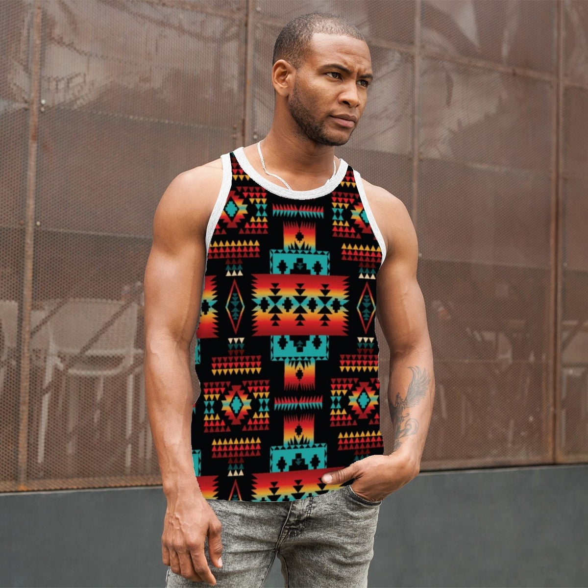 Multicolor tribal print tank, crew neckline and white trim