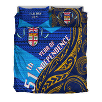 Fiji Day 2021 bedding set: blue base with “Year of Independence” and gold swirl designs
