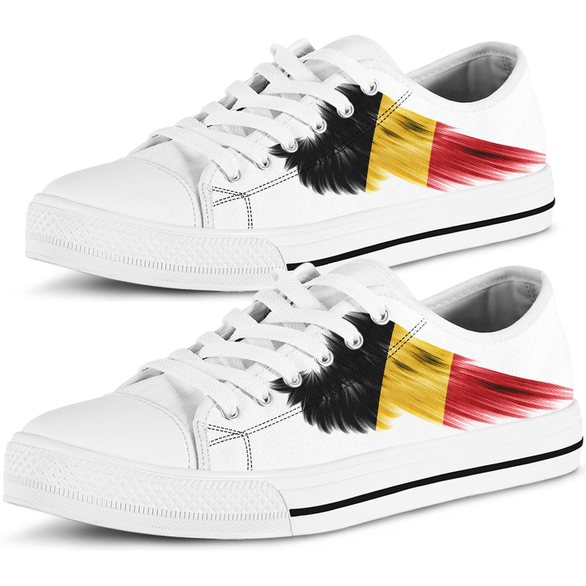 Low-top sneakers with Belgium wing graphic, white upper, white laces, black heel stripe