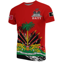 Adult Haiti graphic T-shirt, red, front print with coat emblem and palm fireworks