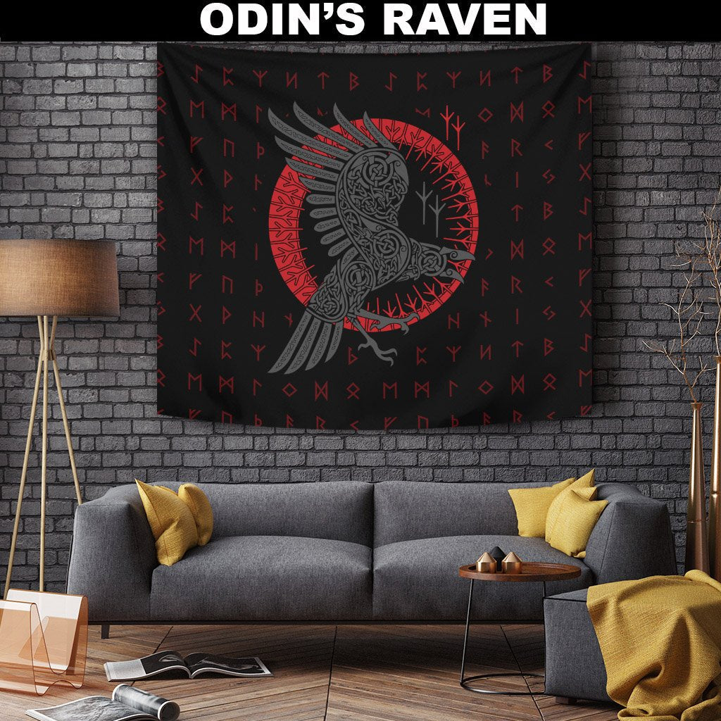 Odin’s Raven tapestry with circular rune design, black fabric, red and gray details