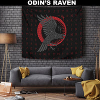 Odin’s Raven tapestry with circular rune design, black fabric, red and gray details