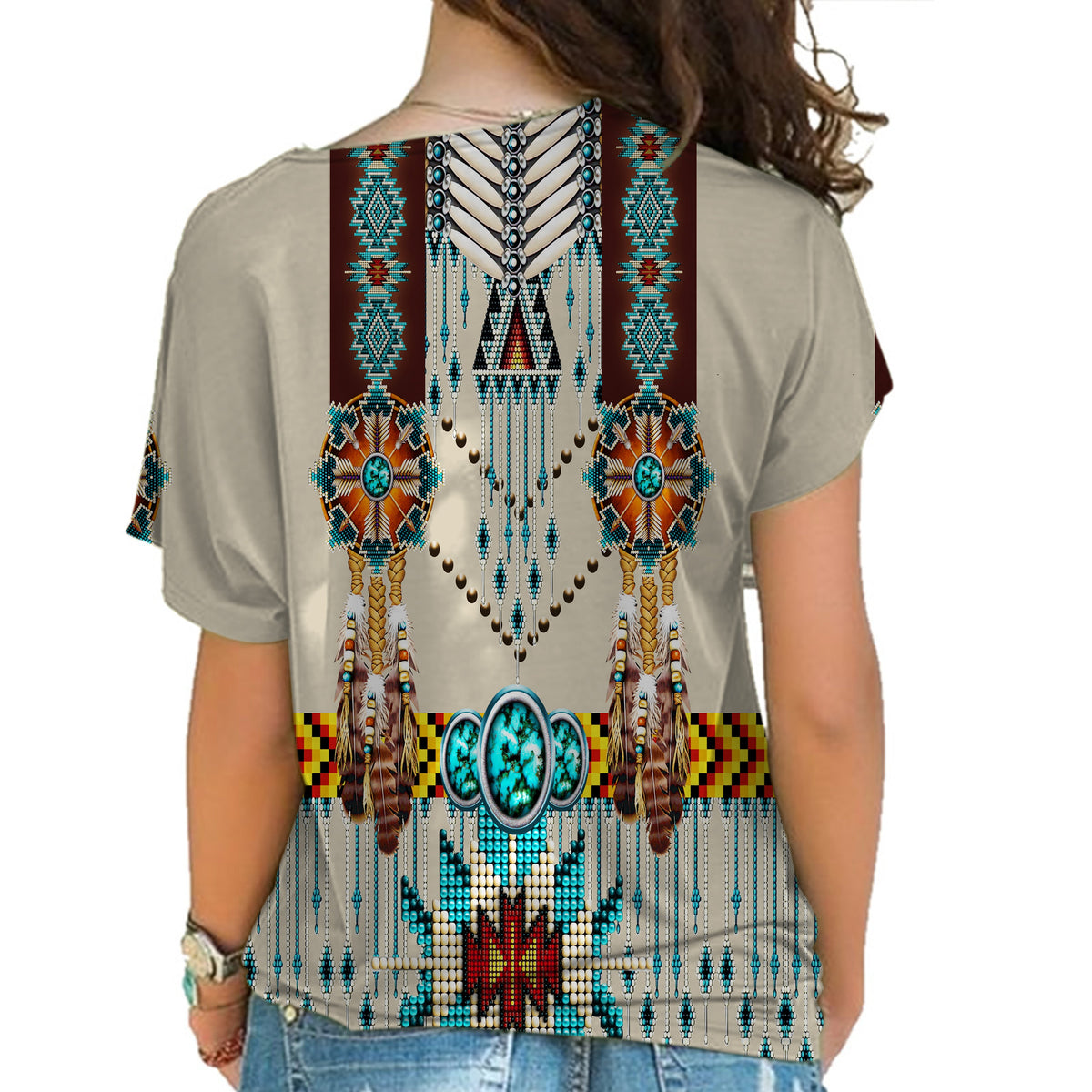 Back view: women’s cross-shoulder shirt with turquoise and beaded tribal pattern