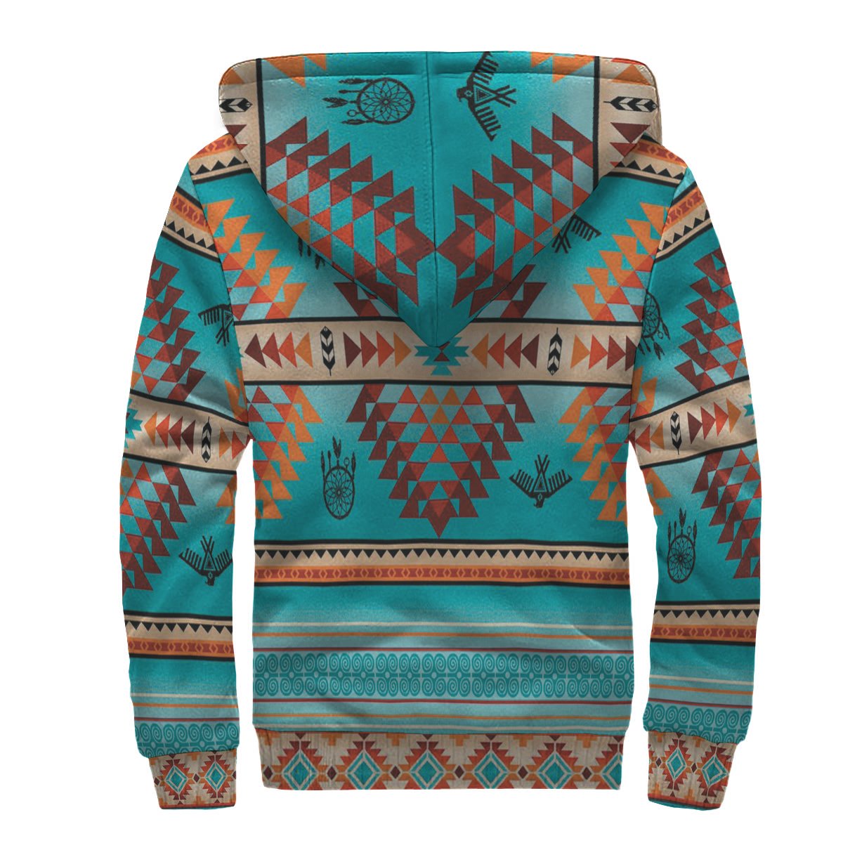 Sherpa hoodie, dreamcatcher Native American pattern, back view; teal tribal motifs