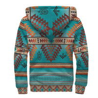 Sherpa hoodie, dreamcatcher Native American pattern, back view; teal tribal motifs