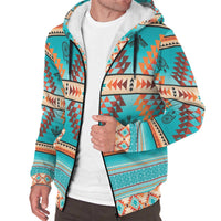 Native American sherpa hoodie worn open, teal multicolor dreamcatcher tribal pattern