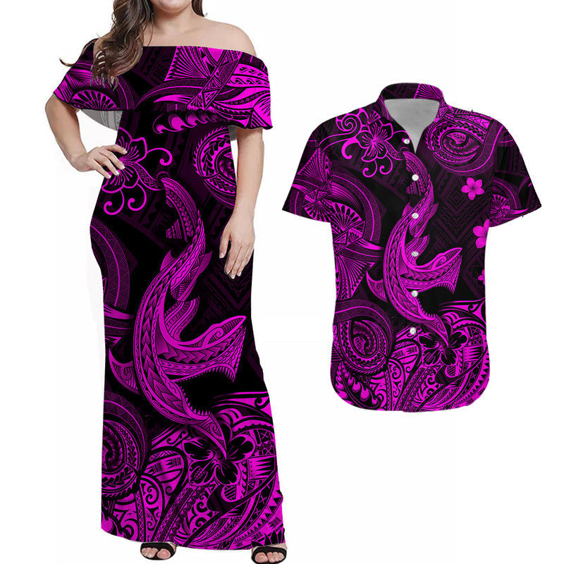 Off-shoulder maxi dress and Hawaiian shirt set, black with magenta tribal pattern