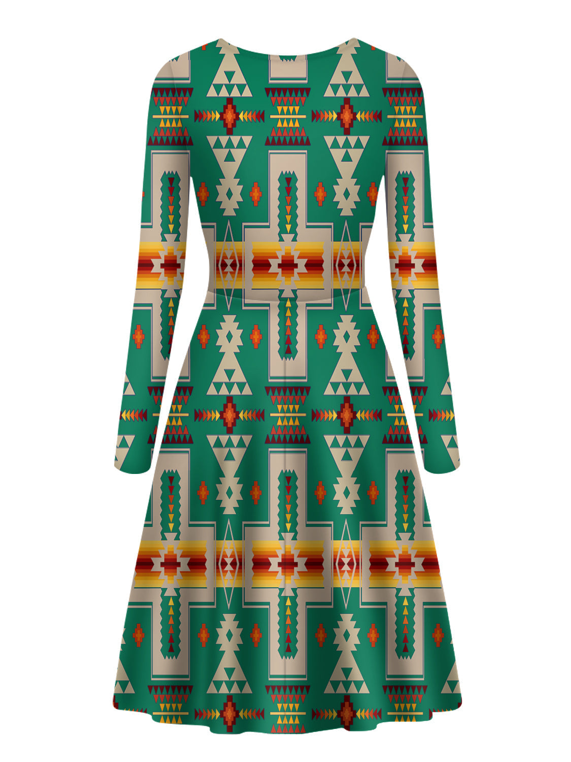 Green long-sleeve dress, round neck, multicolor geometric pattern, A-line skirt