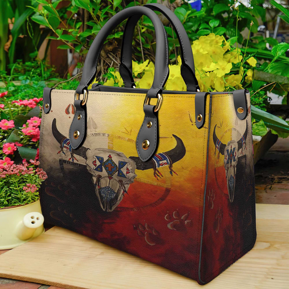Multicolor leather tote bag with Native American eagle print and black handles