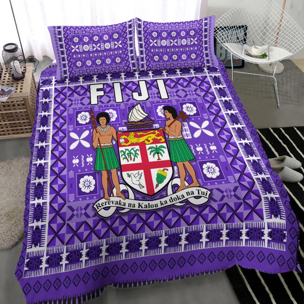 Purple Fiji tapa bedding set with two women illustrations and matching pillowcase prints