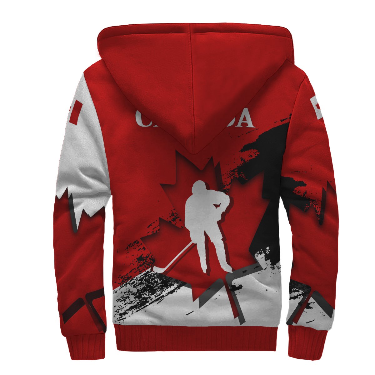 Sherpa Hoodie back: red with hockey player silhouette and maple leaf graphic