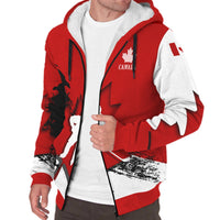Sherpa Hoodie worn: red zip-up with hood, black graphic panels, and pockets