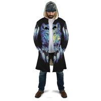 Dark Wolf dreamcatcher cloak with hood, black base, multicolor wolf-and-feather print