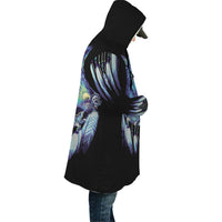 Black hooded cloak, side view with multicolor wolf dreamcatcher graphic and feather sleeves