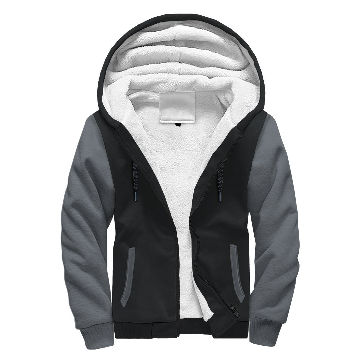 Sherpa hoodie with black front panels and gray sleeves, zip-up, sherpa-lined hood