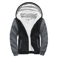 Sherpa hoodie with black front panels and gray sleeves, zip-up, sherpa-lined hood