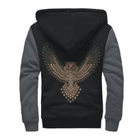 Back view sherpa hoodie with multicolor owl wing graphic on black zip-up body