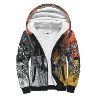 Unisex sherpa hoodie, 3D Native chief graphic, orange yellow black tribal print, zip front