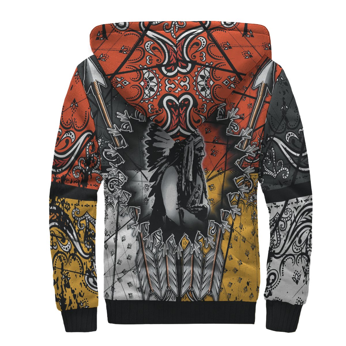 Sherpa hoodie back view with Native chief silhouette graphic, orange yellow black tribal print