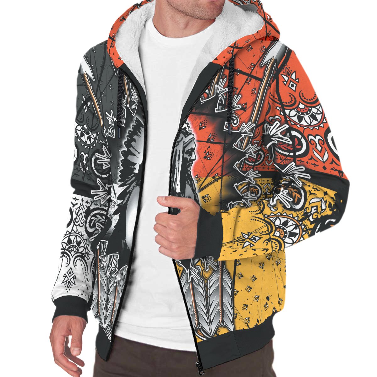 Sherpa hoodie zip front with hood, Native chief artwork on colorful tribal sleeves
