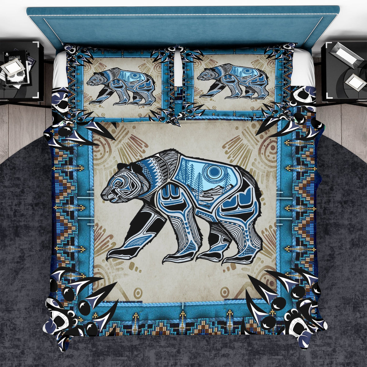 Bettwäsche-Set mit Bärenmotiv in Blau, Weiß und Multicolor, mit Zierkanten