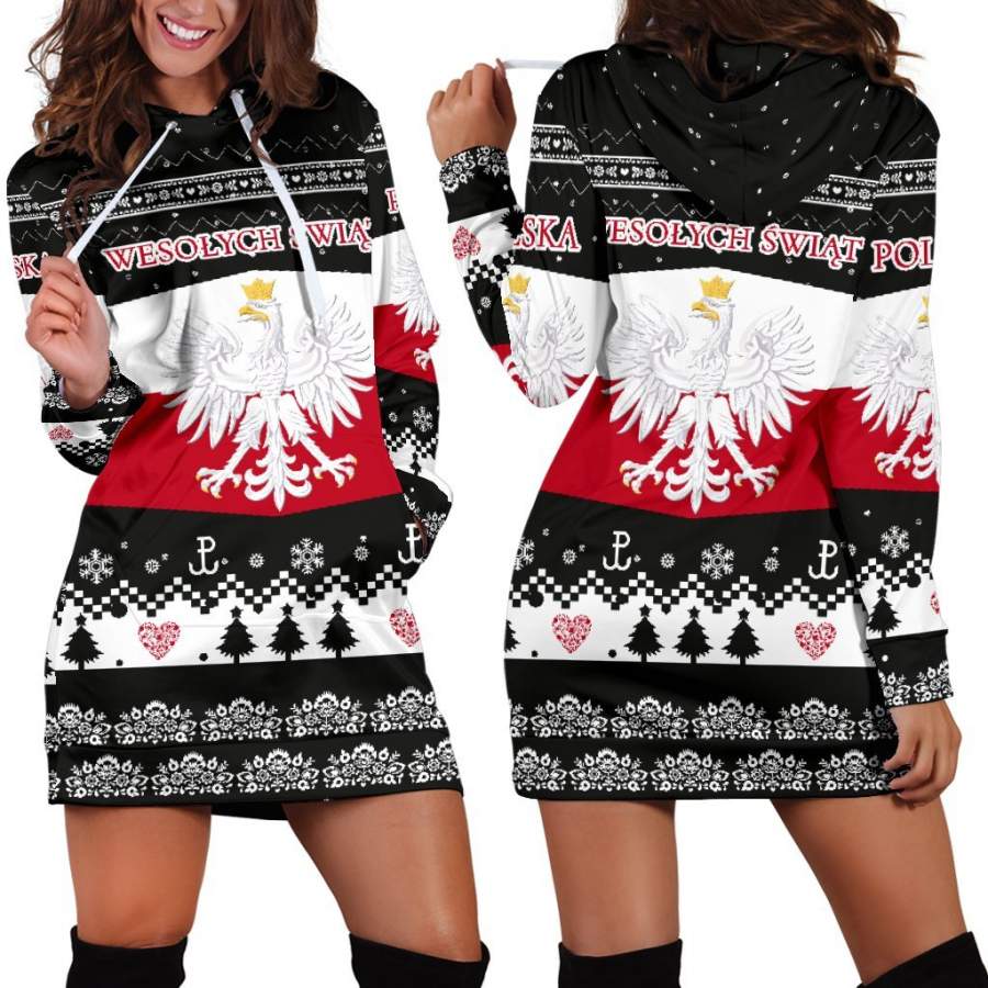 Black hooded Christmas hoodie dress with Polish flag stripe and festive graphic print