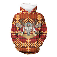 Pullover hoodie, 3D bison skull with arrows, red plaid tribal graphic