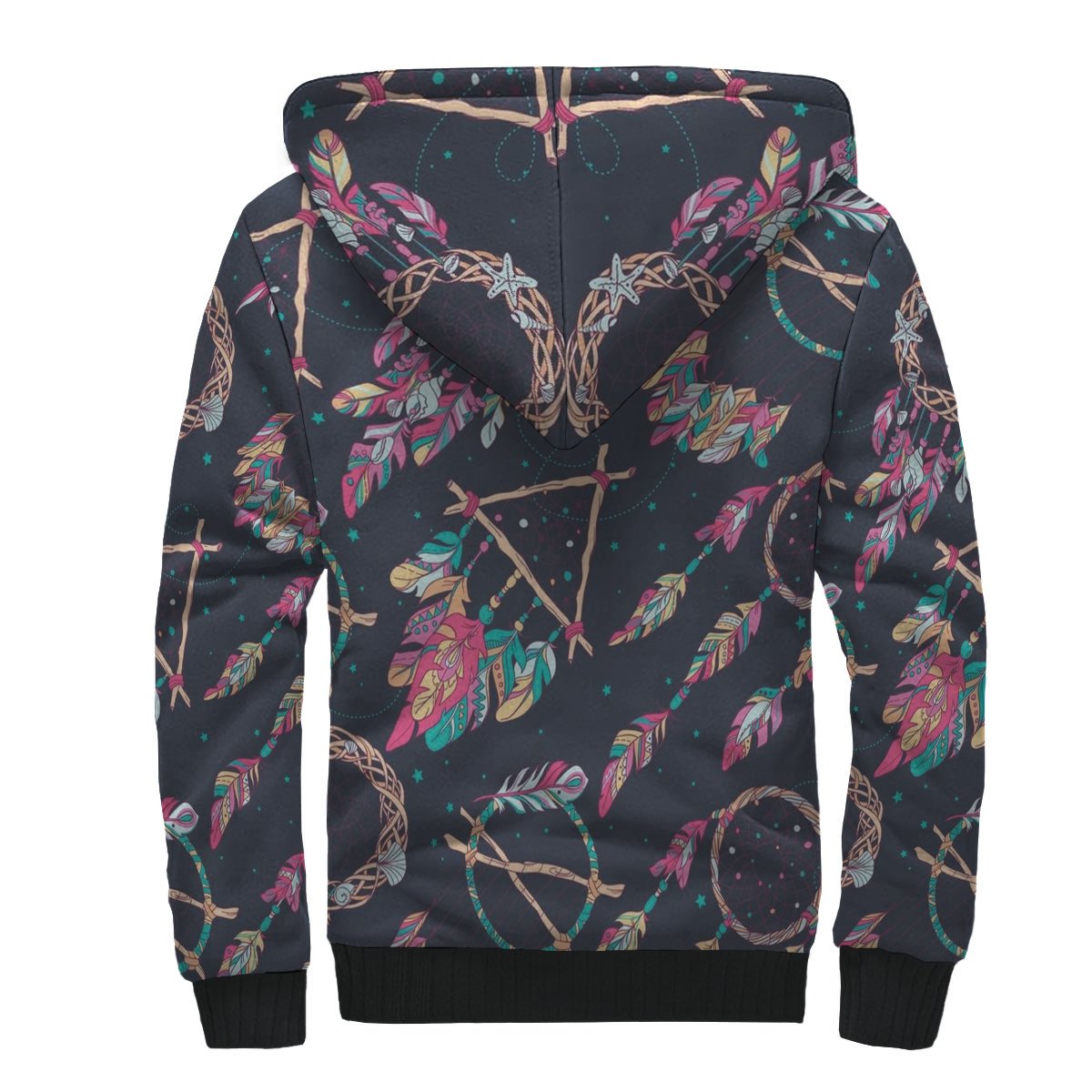 Multicolor dreamcatcher sherpa hoodie, back view with dark feather and star pattern