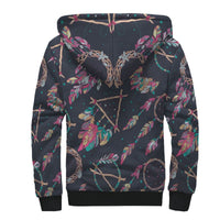 Multicolor dreamcatcher sherpa hoodie, back view with dark feather and star pattern