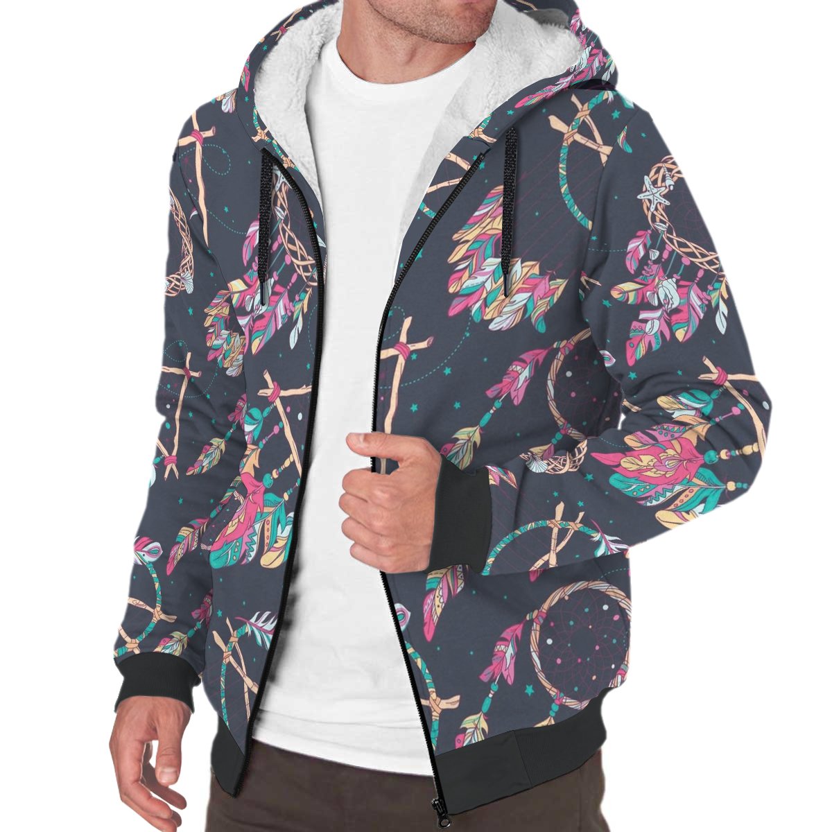 Dreamcatcher sherpa hoodie full-zip in dark with multicolor feather print, side view