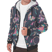 Dreamcatcher sherpa hoodie full-zip in dark with multicolor feather print, side view