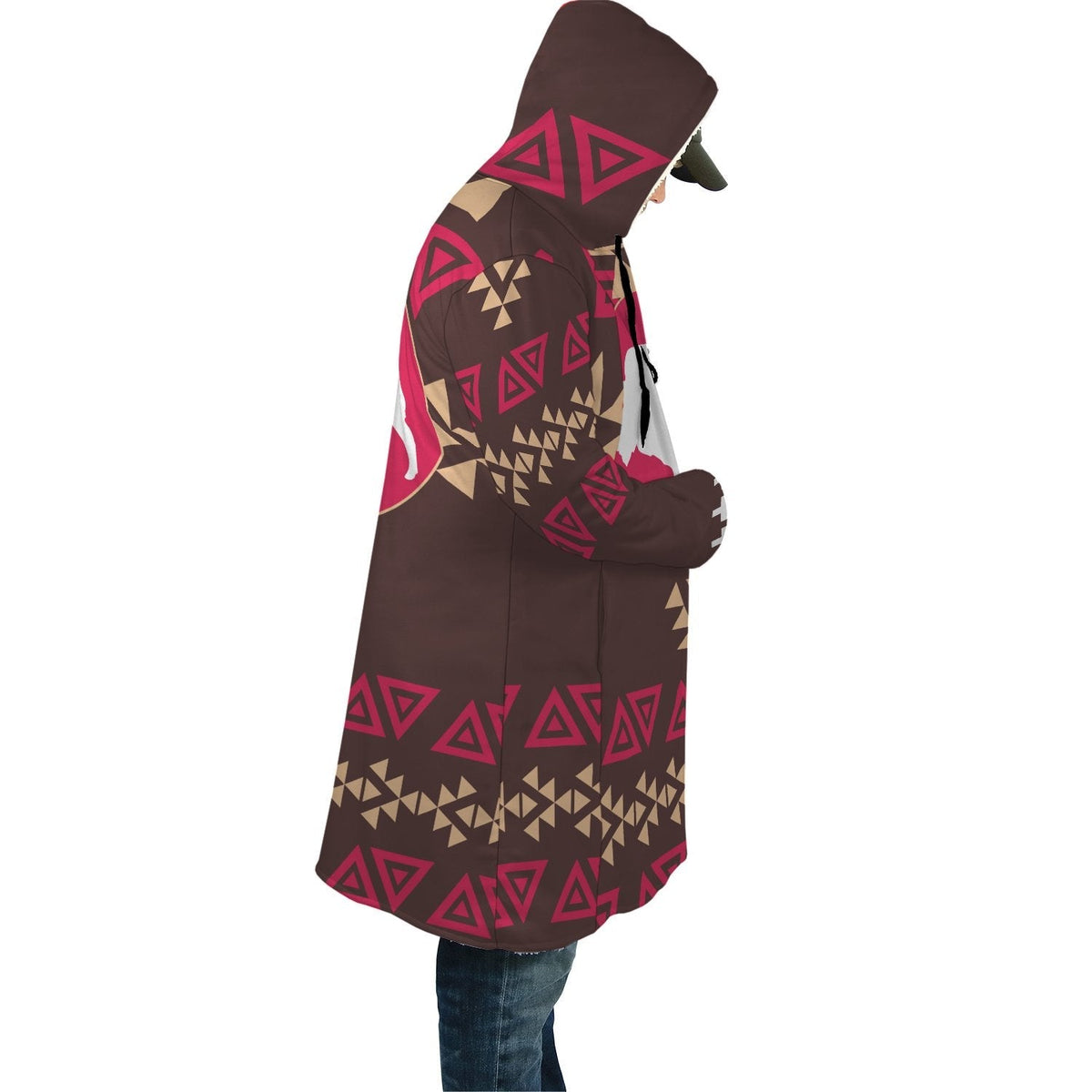 Hooded cloak back view, brown with multicolor geometric and bison motif