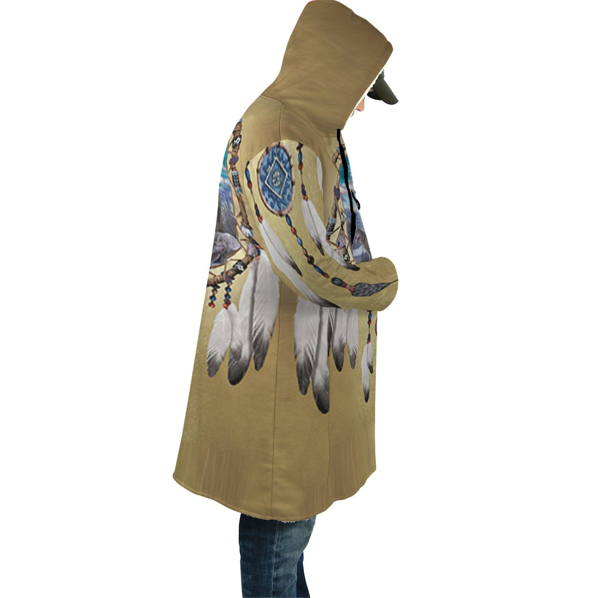 Side view hooded cloak with multicolor dreamcatcher, feathers, and wolf graphic
