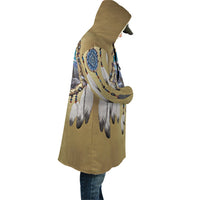 Side view hooded cloak with multicolor dreamcatcher, feathers, and wolf graphic