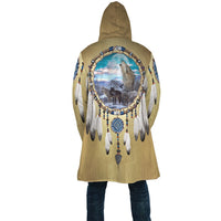 Back view hooded cloak showing large wolf and dreamcatcher graphic with hanging details