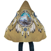 Close back view hooded cloak with central wolf scene, dreamcatcher, and feather print