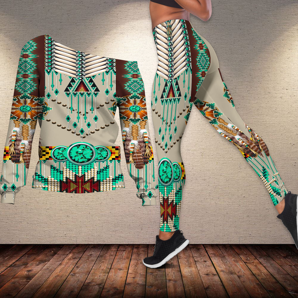 Native style multicolor off-shoulder sweater and matching leggings with green geometric pattern