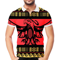 Colorful red polo with bird emblem and geometric stripe print; white ribbed collar and cuffs