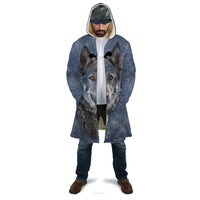 Unisex blue wolf-print hooded cloak with drawstring, front view