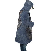 Side view unisex blue wolf-print hooded cloak with wolf face graphic