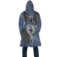 Back view unisex blue wolf-print hooded cloak with hood up