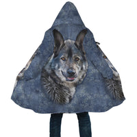 Close-up unisex blue wolf-print hooded cloak with wolf face on front panel