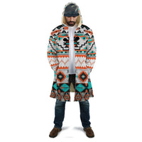 Unisex hooded Native American style cloak, multicolor geometric print, open front