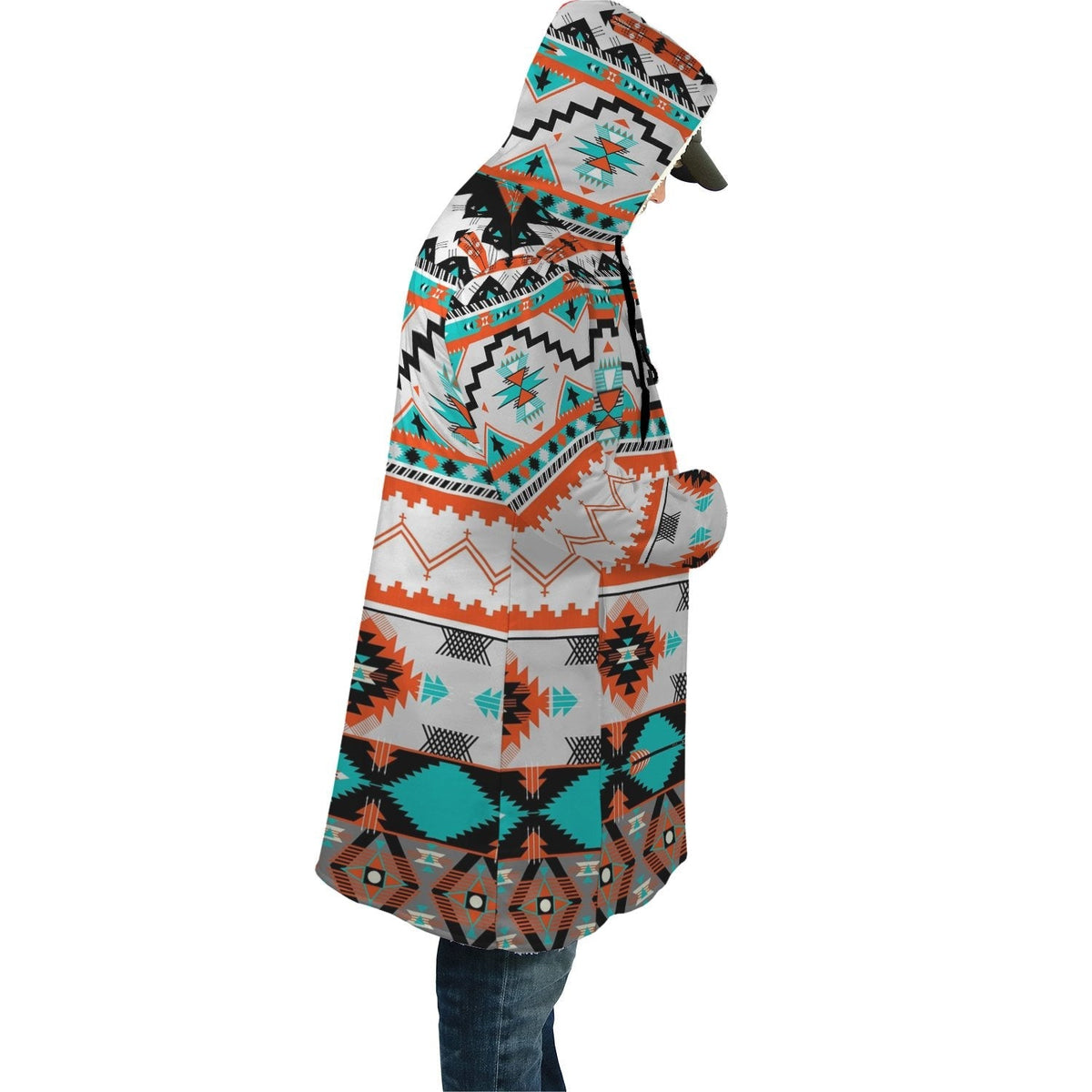 Hooded cloak in multicolor geometric pattern, side view with draped open front