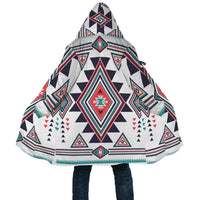 Unisex hooded cloak close-up, multicolor geometric patterns and trim hem