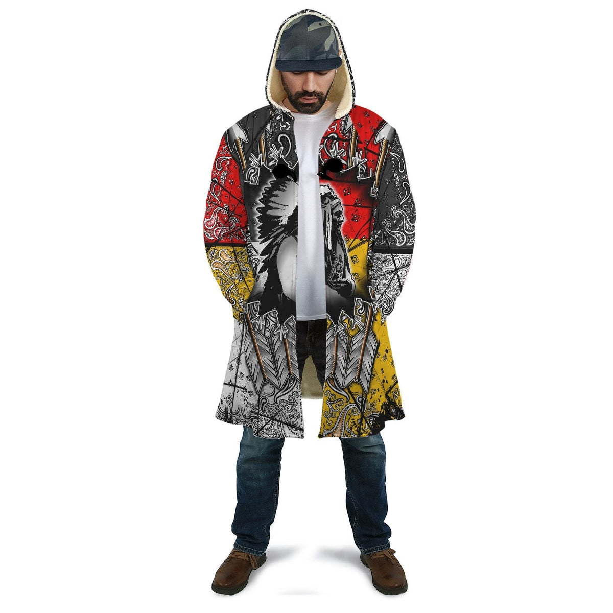 Native American AOP cloak with hood, red yellow black arrow/feather print, unisex