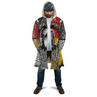 Native American AOP cloak with hood, red yellow black arrow/feather print, unisex