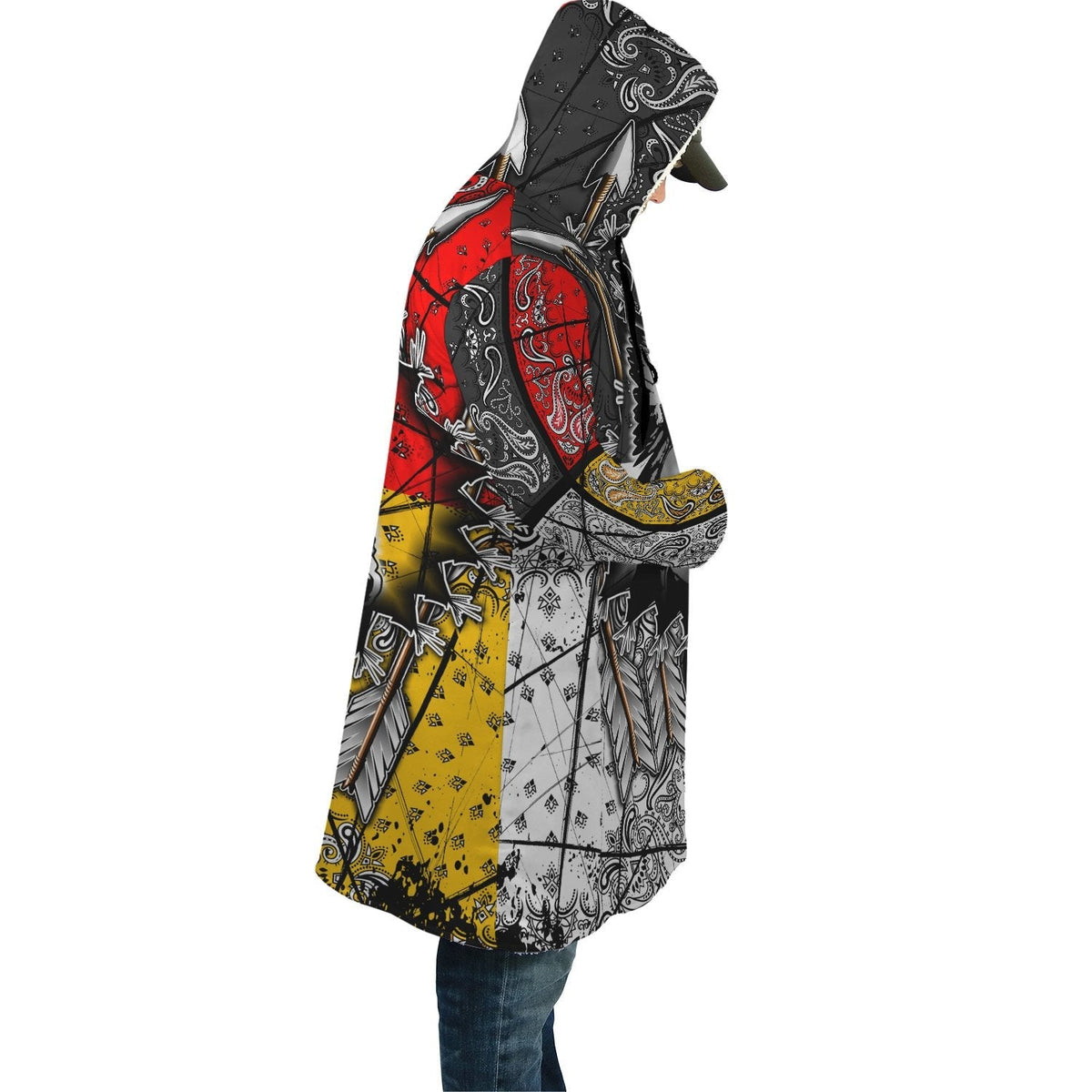 Hooded cloak side view, red black yellow tribal arrow and feather pattern, unisex